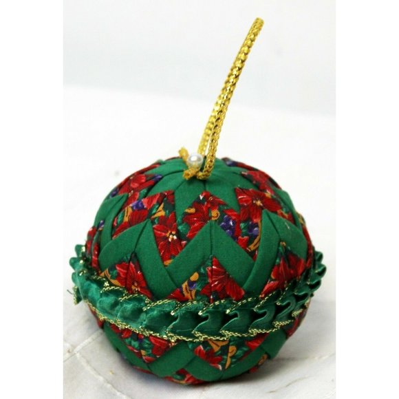 Quilted Christmas Ornament Green Red Floral Pattern Poinsettias Ribbon Decorated - Picture 2 of 8